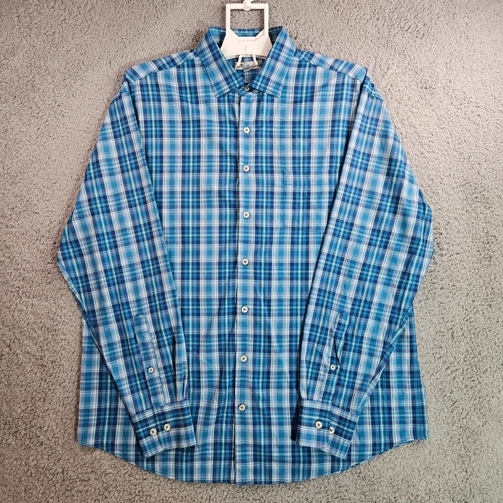 Peter Millar Shirt Men Large Button Up Long Sleeve Nylon Blend Teal Blue Plaid